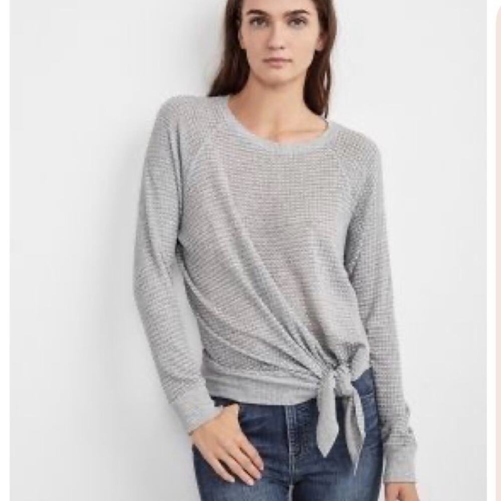 Velvet by Graham & Spencer | Gray Tie Front Matilda Sheer Thermal Knit Top Sz XS